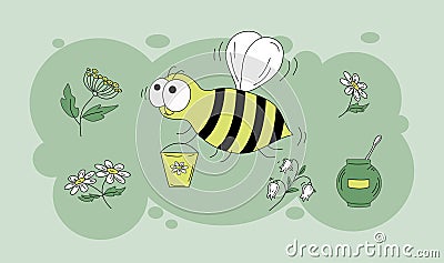 Bee, flowers, honey. Set of colored vector icons in doodle style. Vector Illustration